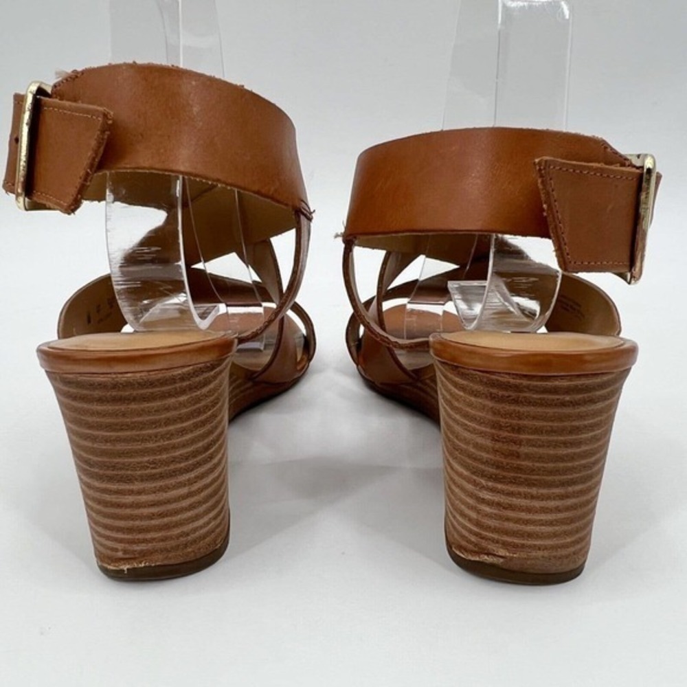 Franco Sarto Mallory Wedge Sandals Brown Leather Heels Strappy Buckle - Picture 6 of 10